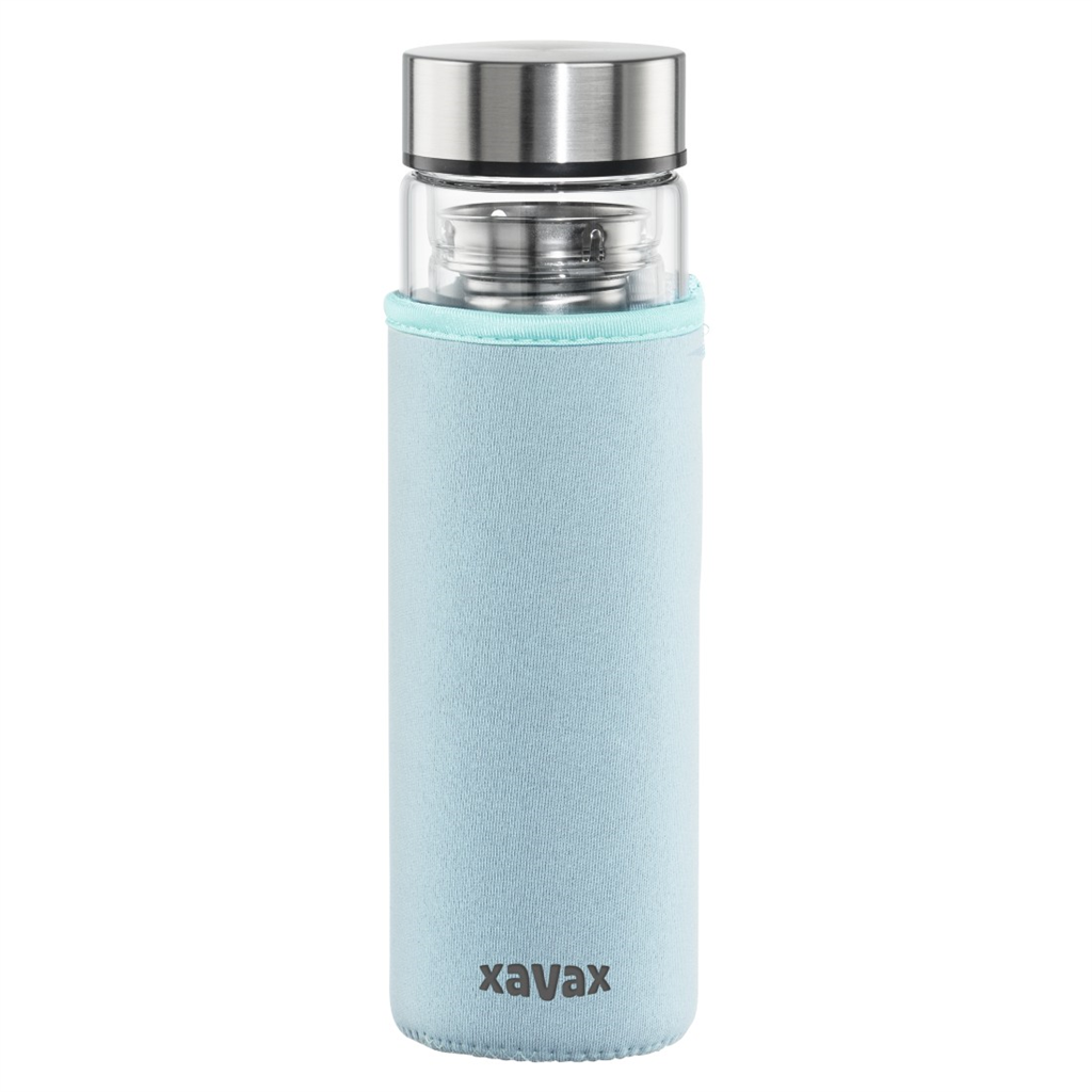 Xavax To Go, skleněná lahev na horké/studené/sycené nápoje, 450 ml, sítko, neoprenový obal